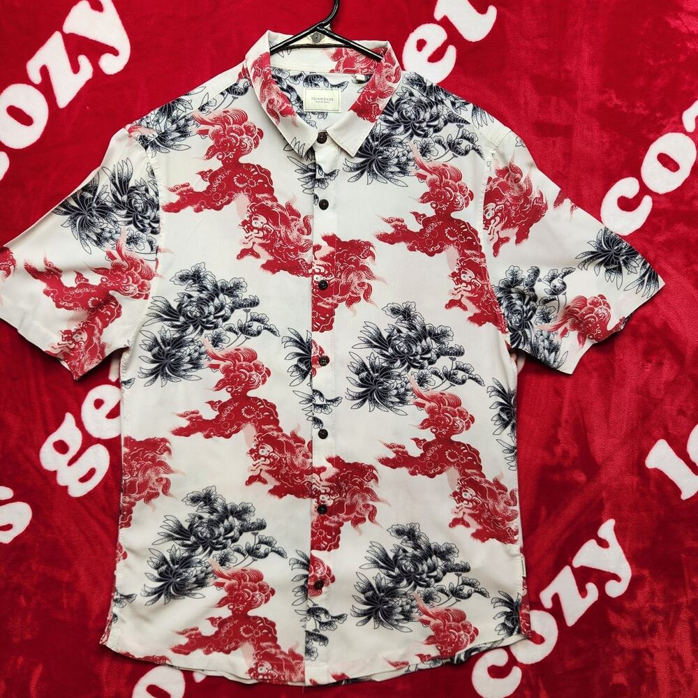 7 Diamonds Men's Large Short Sleeve Button Up Shirt Japanese Lion Floral...